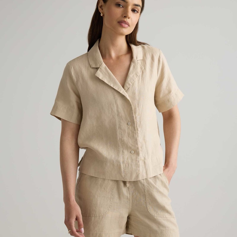 Quince Driftwood Beige Tan 100% European Linen Short Sleeve Shirt Size XL